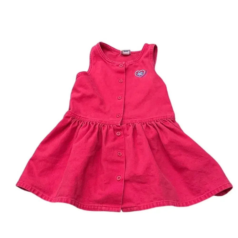 Vintage Osh Kosh Made in USA Denim Jumper Dress Pink Button Size 4T